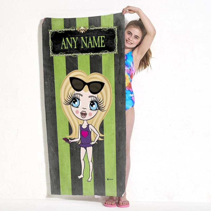 ClaireaBella Girls Creepy Green Stripes Beach Towel - Image 1